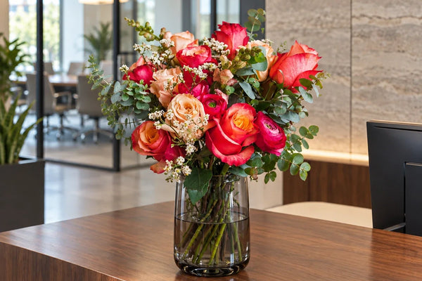 Bouquet of coral roses, ranunculus and eucalyptus in a glass vase on a wood reception desk