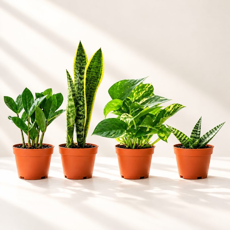 Four houseplants including snake plant and pothos in terracotta nursery pots