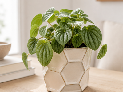The Stephanie Peperomia Frost plant with silvery-white textured leaves
