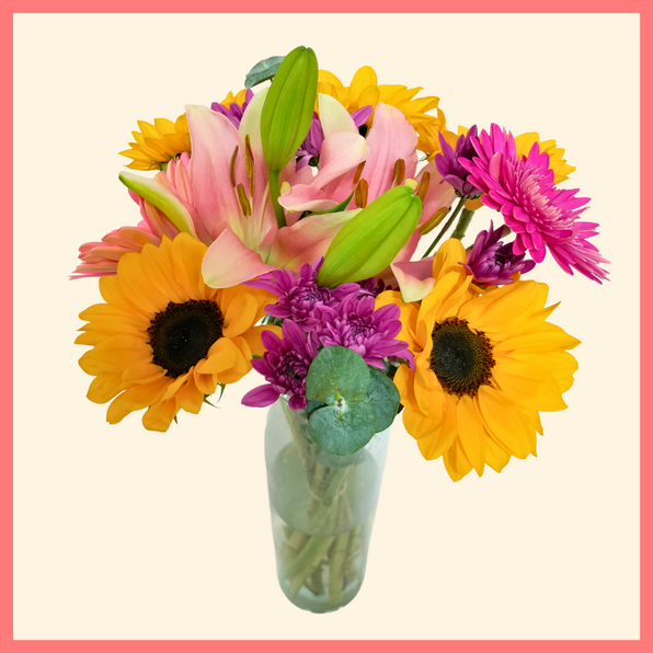 The Pink Sun bouquet includes mixed stems of sunflowers, lilies, gerbera daisies, pompons, and eucalyptus! Please note that as flowers are a live product, colors, and varieties may slightly vary from the photos shown to provide you with the freshest and most beautiful bouquet.