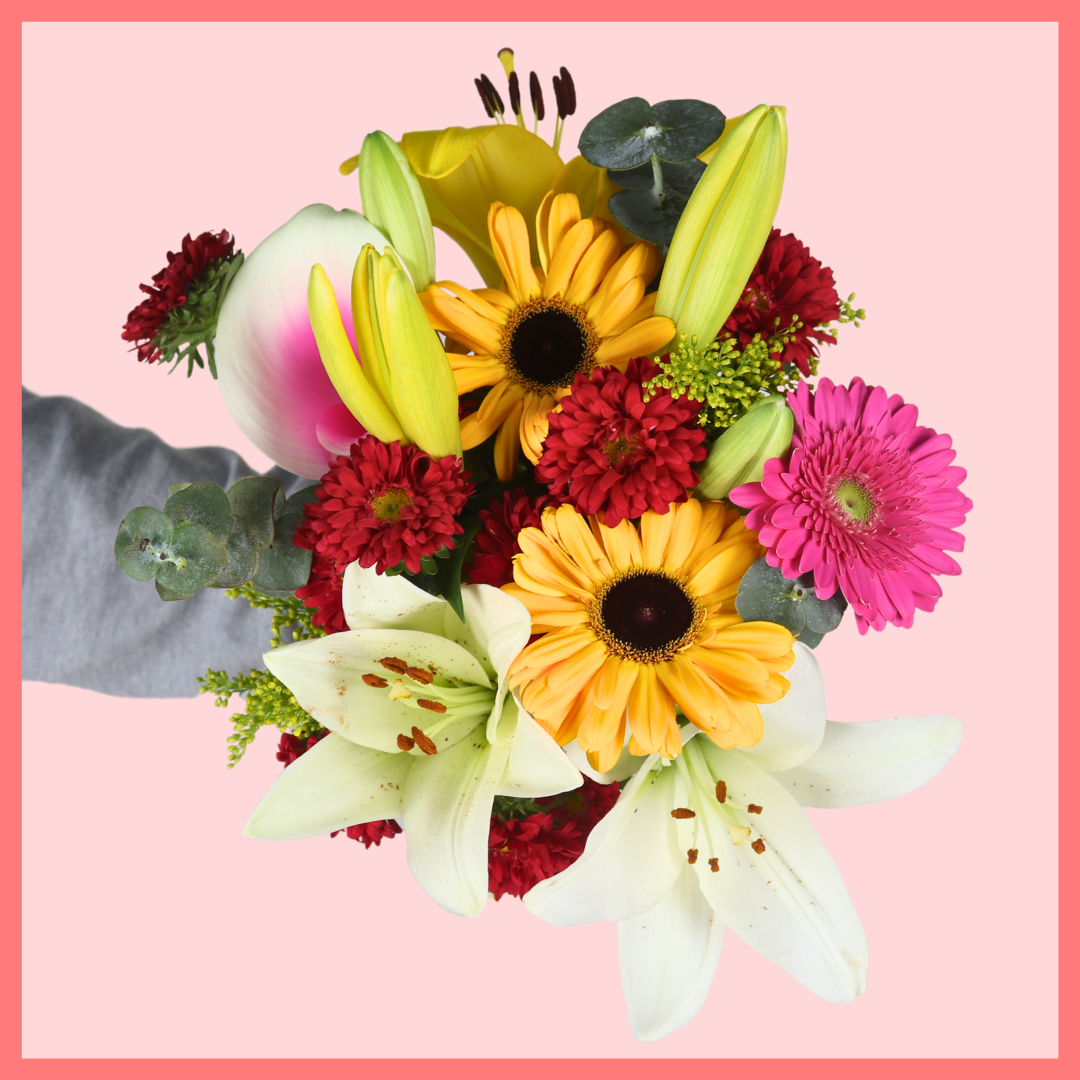 The Springtime bouquet includes mixed stems of lilies, mini calla lilies, gerbera daisies, matsumoto, aster, and eucalyptus! Please note that as flowers are a live product, colors, and varieties may slightly vary from the photos shown to provide you with the freshest and most beautiful bouquet.