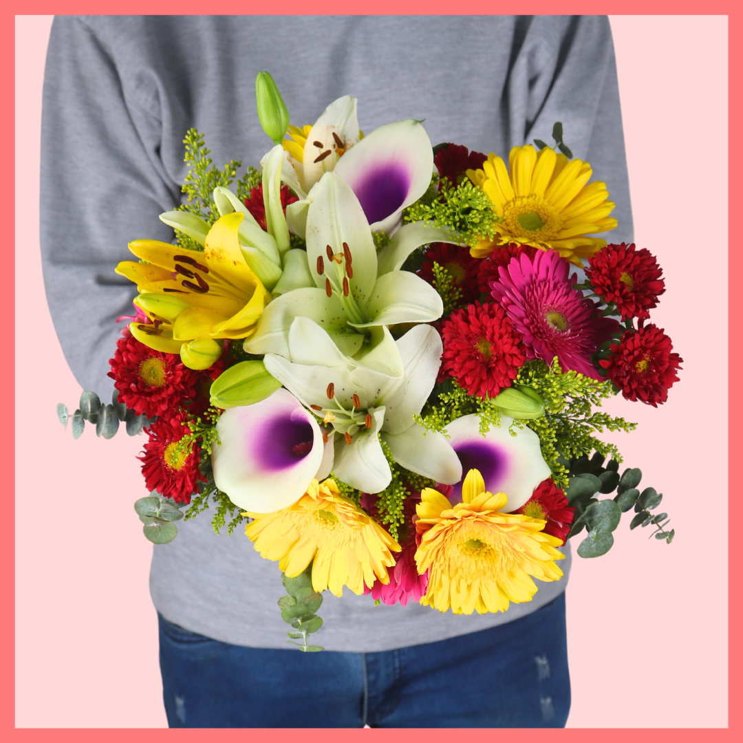The Springtime bouquet includes mixed stems of lilies, mini calla lilies, gerbera daisies, matsumoto, aster, and eucalyptus! Please note that as flowers are a live product, colors, and varieties may slightly vary from the photos shown to provide you with the freshest and most beautiful bouquet.