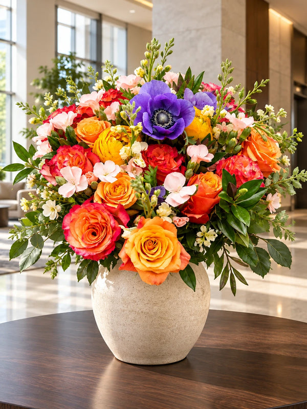 Large ReVased arrangement of roses, ranunculus, and anemones in a stone vase on a round table in a bright hotel lobby