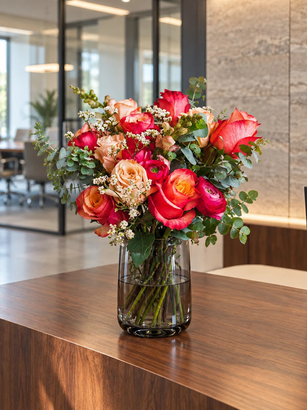 ReVased bouquet of coral roses, ranunculus, and eucalyptus in a glass vase on a wood reception desk