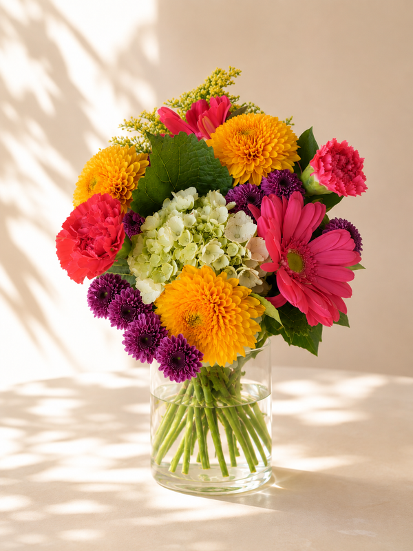 Golden Sunrise flower bouquet with hydrangea, gerbera, and carnations in a vase