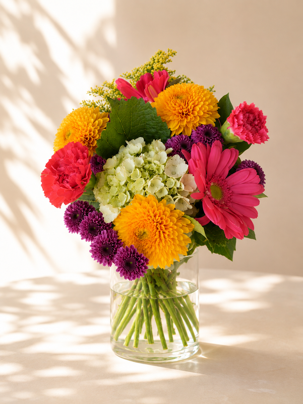 Golden Sunrise flower bouquet with hydrangea, gerbera, and carnations in a vase