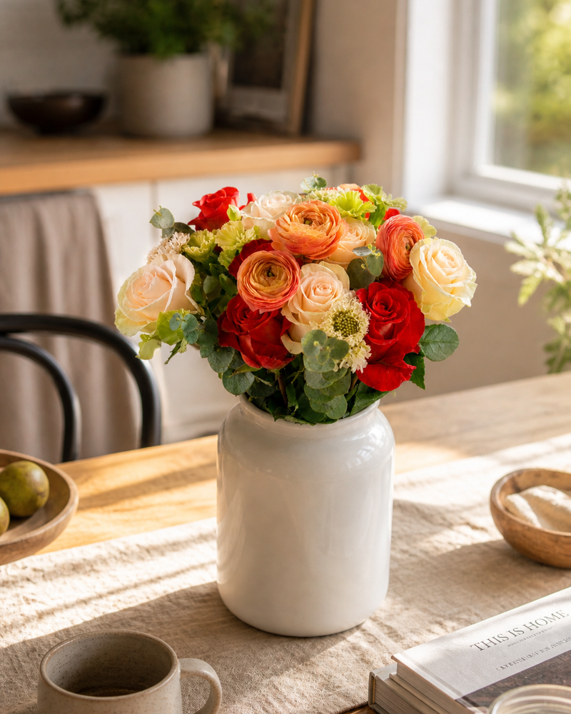 Peach and red ranunculus bouquet in a white ceramic vase on a dining table