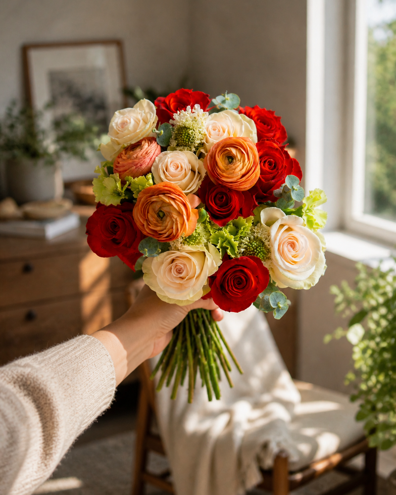Pretty and Festive bouquet of red and orange roses held in a cozy living room