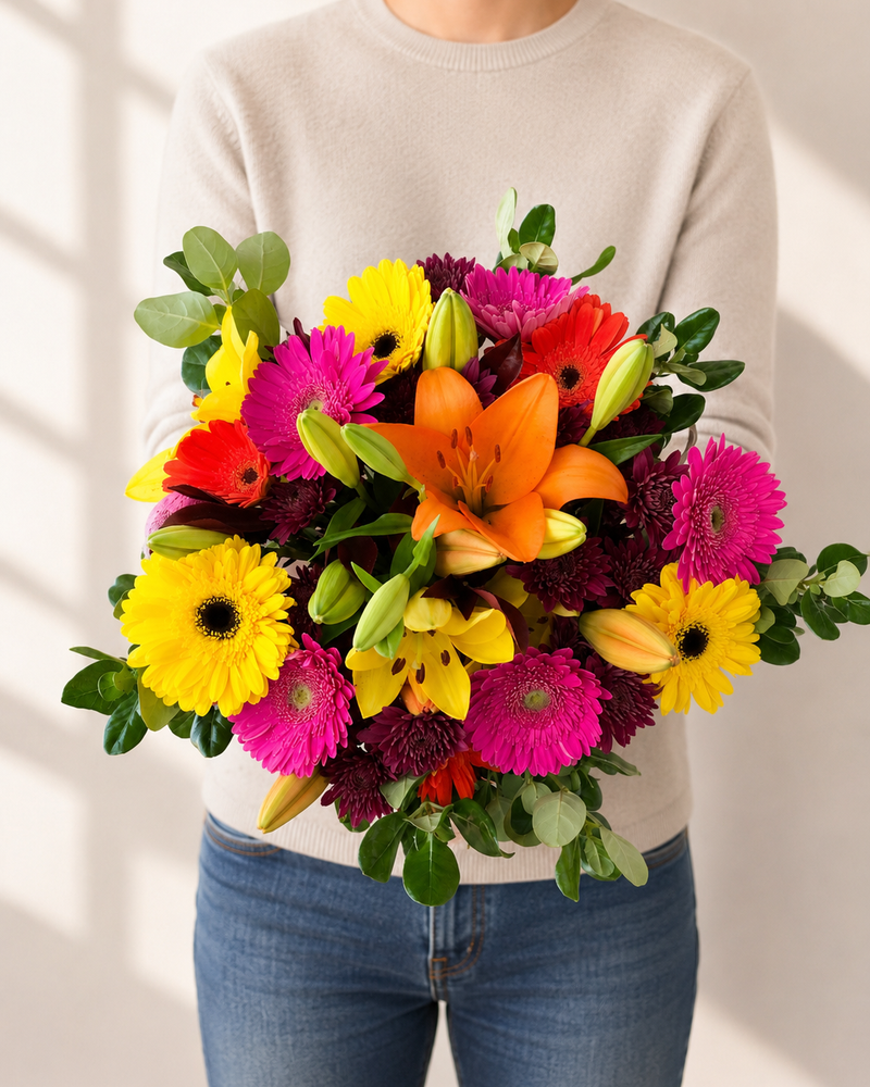 Rainbow Snowcone flower bouquet with lilies, gerbera daisies, pompoms, photinia, and brillantina