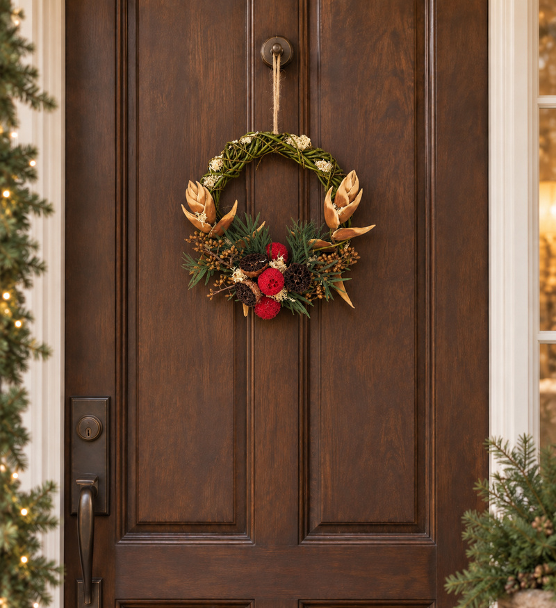 The Bronze Willow Wreath hanging on a dark wood front door