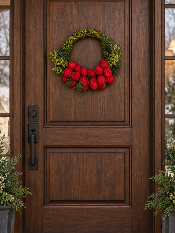 The Cranberry Willow Wreath hanging on a dark wood front door