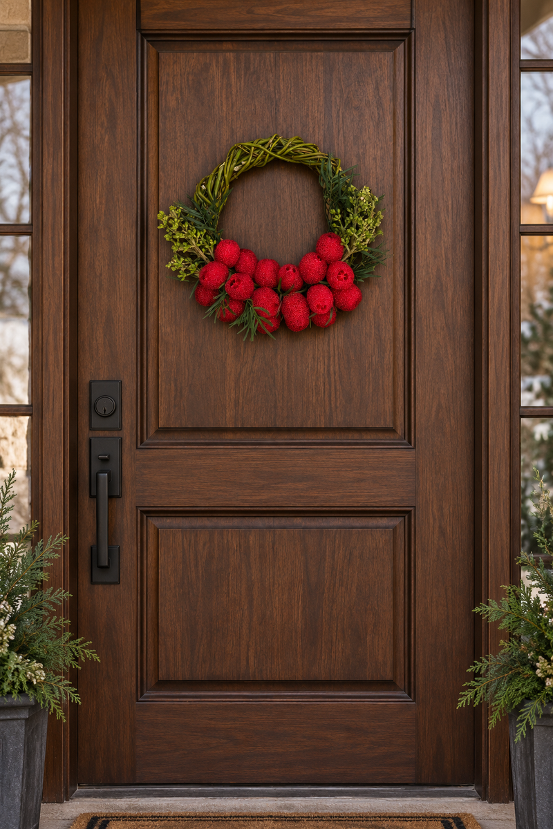 The Cranberry Willow Wreath hanging on a dark wood front door