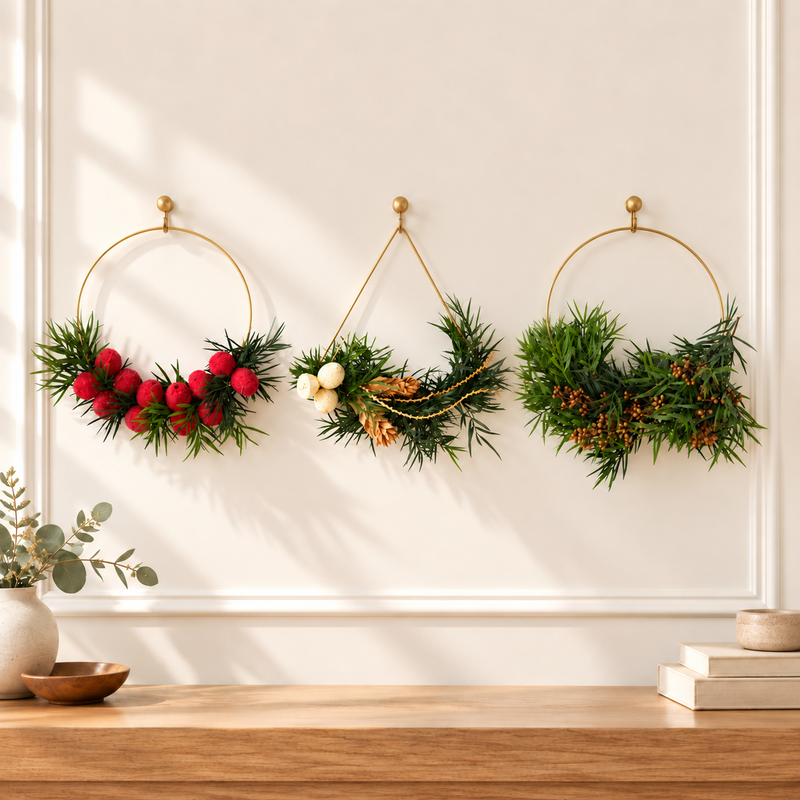 The Golden Hoops Trio, three gold ring wreaths, styled on a wall