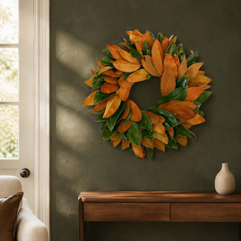 The Grand Magnolia wreath on a deep green wall above a wood console, glossy green magnolia leaves alternating with bronze undersides