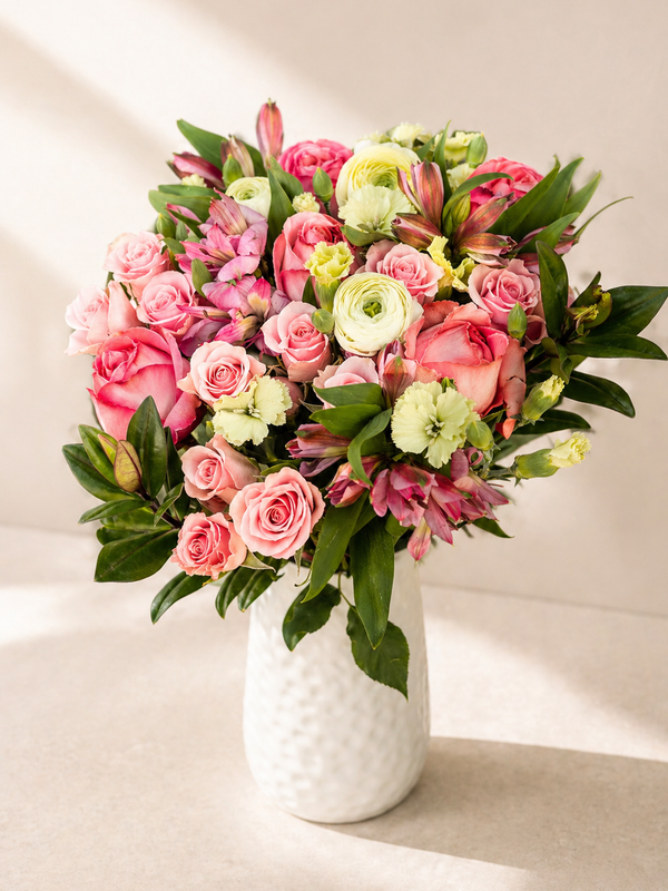 Thinking of You bouquet of pink roses and alstroemeria in a white ceramic vase