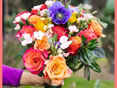 The Feast Your Eyes flower bouquet includes mixed stems of anemones, ranunculus, solomio, stock, hebes, and roses. Please note that as flowers are a live product, colors and varieties may slightly vary from the photos shown to provide you with the freshest and most beautiful bouquet.