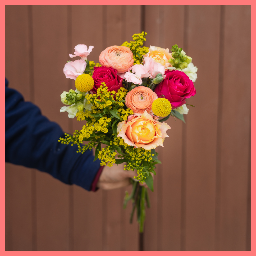 The Birthday Wish bouquet includes mixed stems of ranunculus, roses, solidago, snapdragons, solomio, and craspedia. Please note that as flowers are a live product, colors and varieties may slightly vary from the photos shown to provide you with the freshest and most beautiful bouquet.