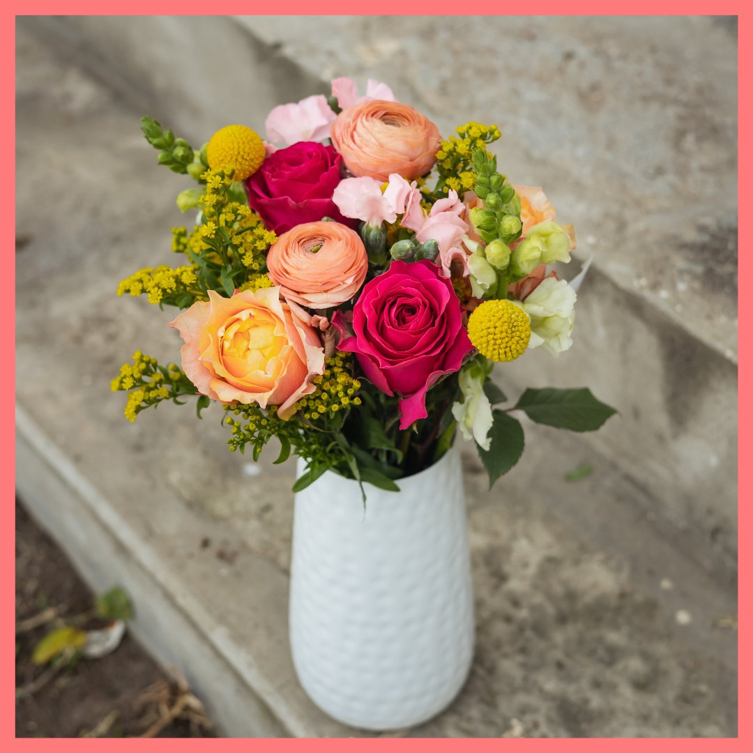 The Birthday Wish bouquet includes mixed stems of ranunculus, roses, solidago, snapdragons, solomio, and craspedia. Please note that as flowers are a live product, colors and varieties may slightly vary from the photos shown to provide you with the freshest and most beautiful bouquet.