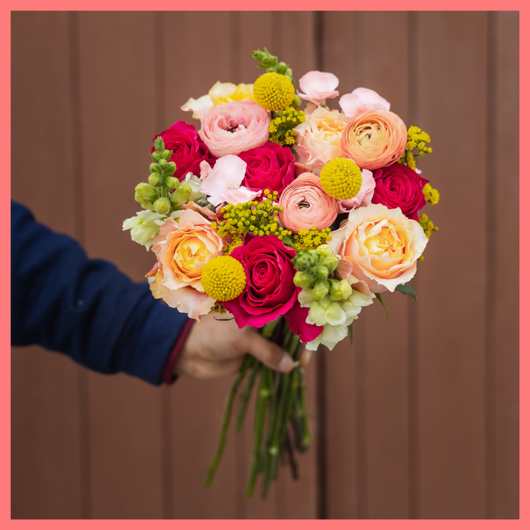 The Birthday Wish bouquet includes mixed stems of ranunculus, roses, solidago, snapdragons, solomio, and craspedia. Please note that as flowers are a live product, colors and varieties may slightly vary from the photos shown to provide you with the freshest and most beautiful bouquet.