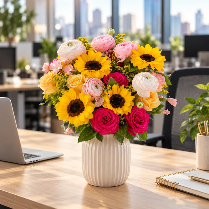 Bouquet of sunflowers, pink roses and ranunculus in a white ribbed vase on an office desk