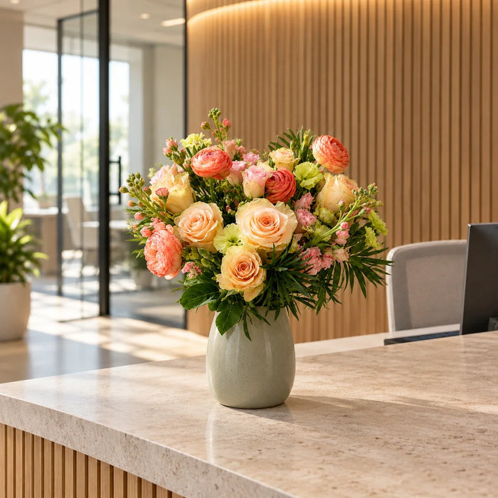 Bouquet of peach roses and ranunculus in a sage ceramic vase on a stone reception counter