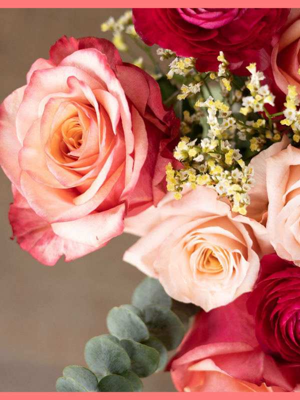 The Shirley bouquet includes mixed stems of eucalyptus, roses, ranunculus, snapdragons, and limonium. Please note that as flowers are a live product, colors and varieties may slightly vary from the photos shown to provide you with the freshest and most beautiful bouquet.