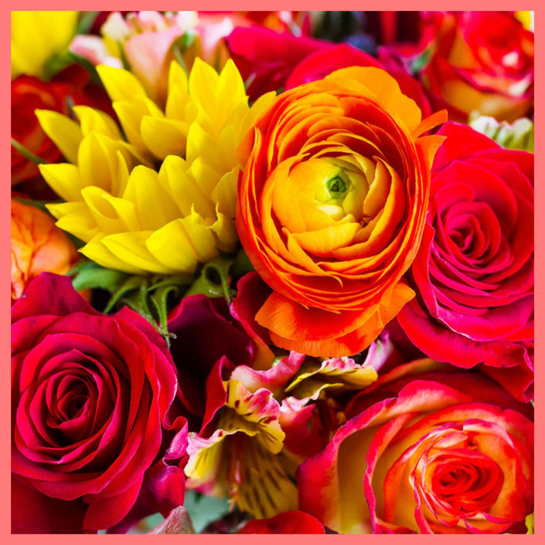The Pumpkin Nice flower bouquet includes mixed stems of sunflowers, roses, ranunculus, alstroemeria, photinea, and eryngium. Please note that as flowers are a live product, colors and varieties may slightly vary from the photos shown to provide you with the freshest and most beautiful bouquet.