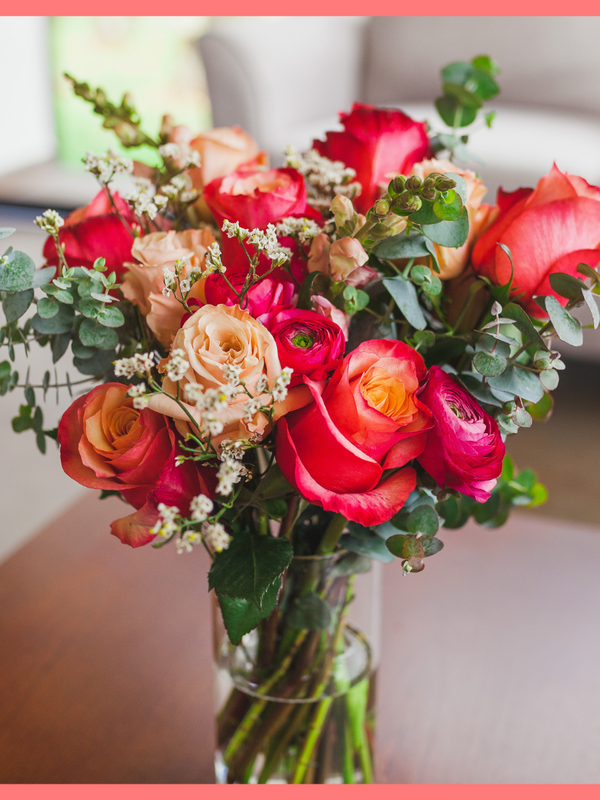 Order The Shirley flower bouquet from our Spring Collection. The Shirley bouquet includes mixed stems of eucalyptus, roses, ranunculus, snapdragons, limonium. The flowers will be shipped directly from the farm to you!