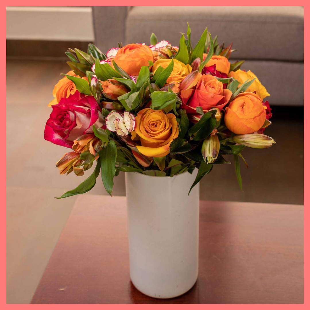 The Always Thankful flower bouquet includes mixed stems of roses, ranunculus, alstroemeria, hebes, and solomio. Please note that as flowers are a live product, colors and varieties may slightly vary from the photos shown to provide you with the freshest and most beautiful bouquet.