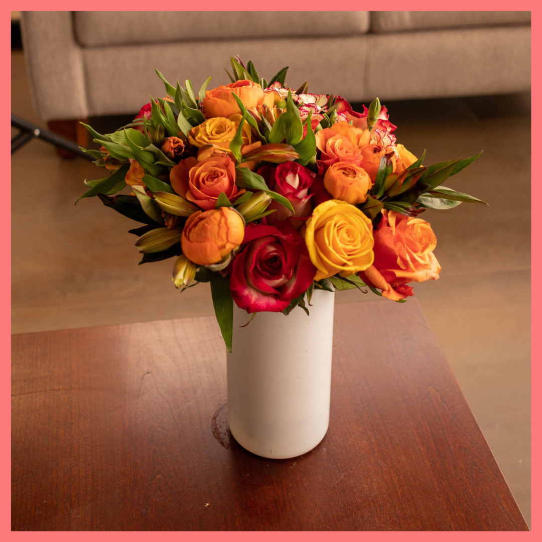 The Always Thankful flower bouquet includes mixed stems of roses, ranunculus, alstroemeria, hebes, and solomio. Please note that as flowers are a live product, colors and varieties may slightly vary from the photos shown to provide you with the freshest and most beautiful bouquet.