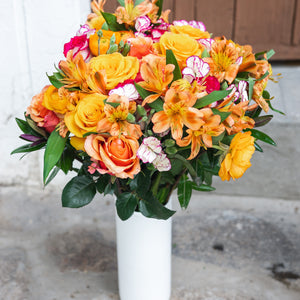 My Favorites flower bouquet with ranunculus, alstroemeria, hebes, roses, and solomio in a vase
