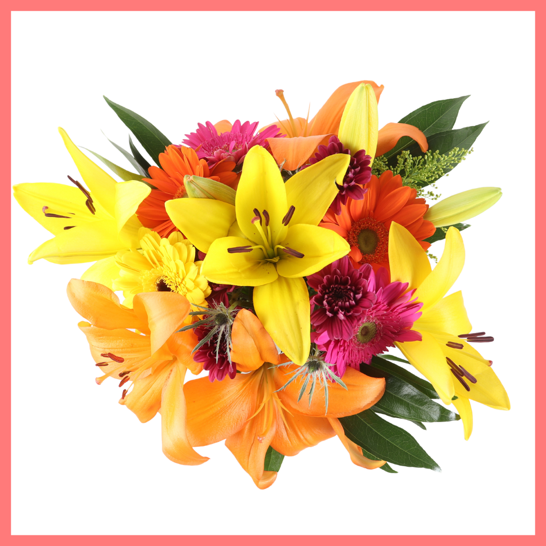 The Autumn Vibes bouquet includes mixed stems of lilies, gerbera daisies, CDN pompoms, eryngium, cocculus, aster, and pittosporum!