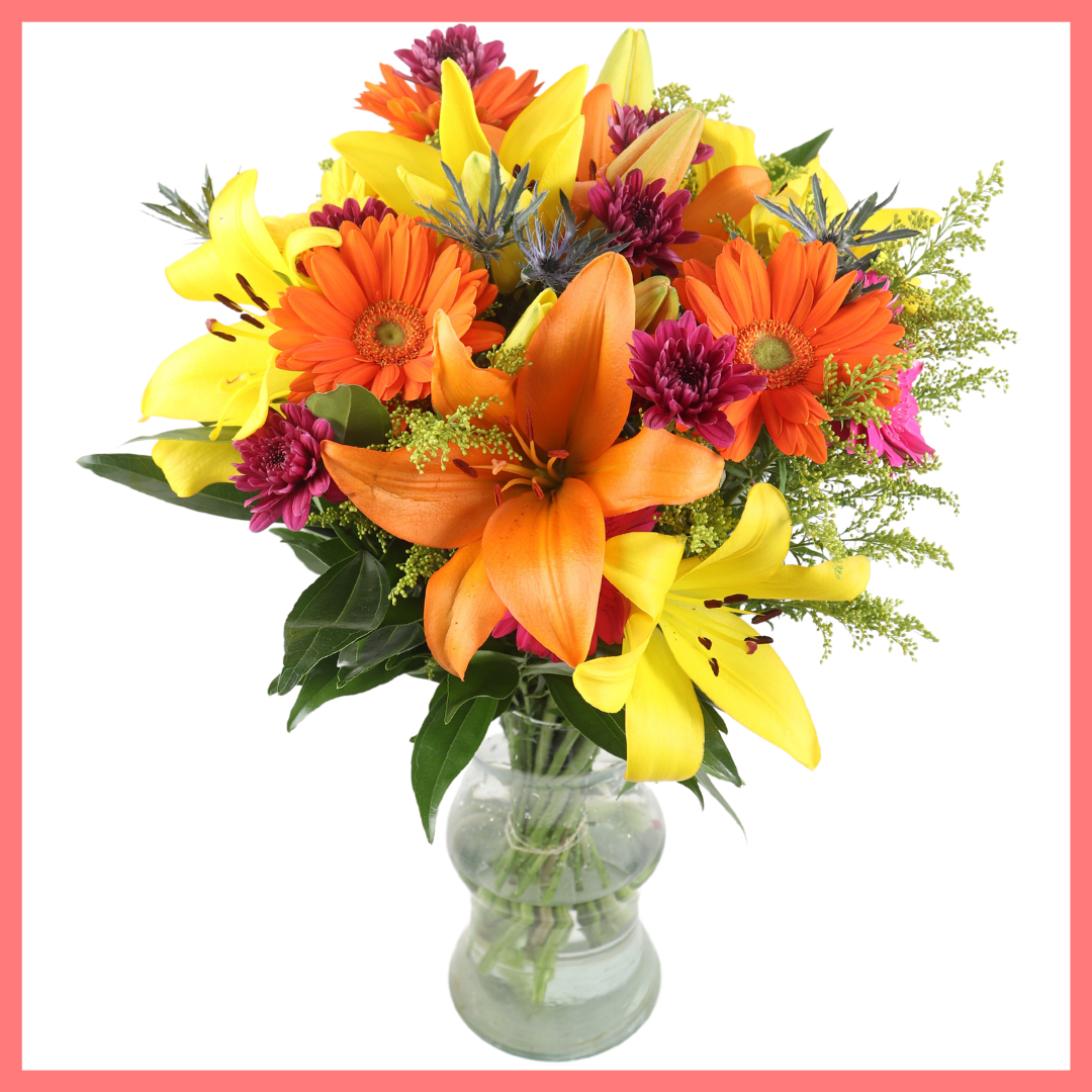 The Autumn Vibes bouquet includes mixed stems of lilies, gerbera daisies, CDN pompoms, eryngium, cocculus, aster, and pittosporum!