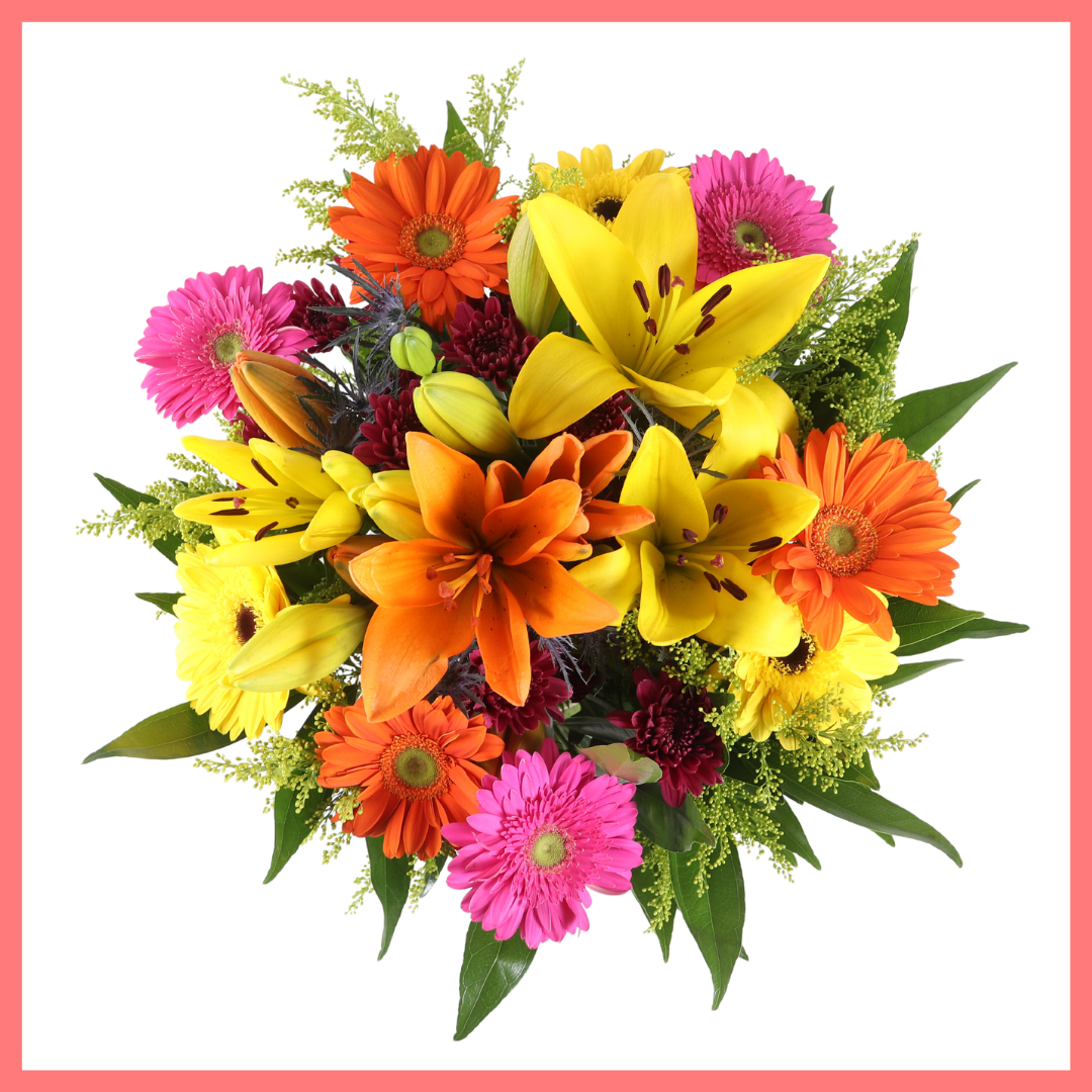 The Autumn Vibes bouquet includes mixed stems of lilies, gerbera daisies, CDN pompoms, eryngium, cocculus, aster, and pittosporum!
