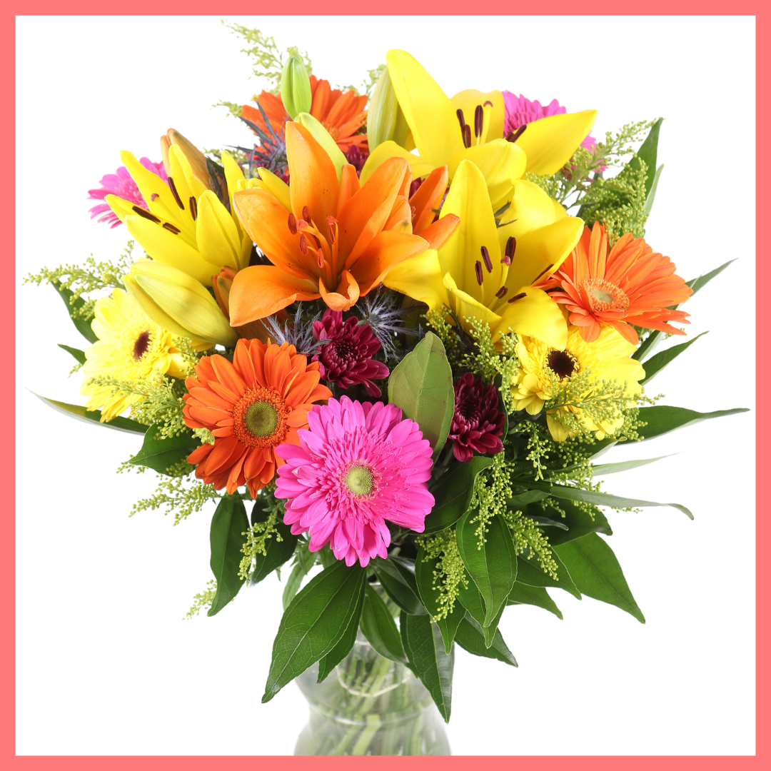 The Autumn Vibes bouquet includes mixed stems of lilies, gerbera daisies, CDN pompoms, eryngium, cocculus, aster, and pittosporum!