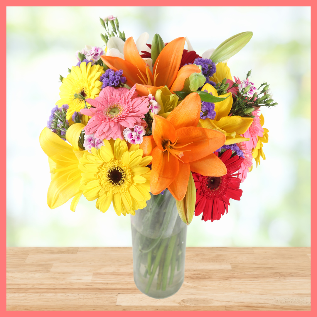 The Be My Baby bouquet includes mixed stems of lilies, gerbera daisies, pompons, photinia, and brillantina! Please note that as flowers are a live product, colors, and varieties may slightly vary from the photos shown to provide you with the freshest and most beautiful bouquet.
