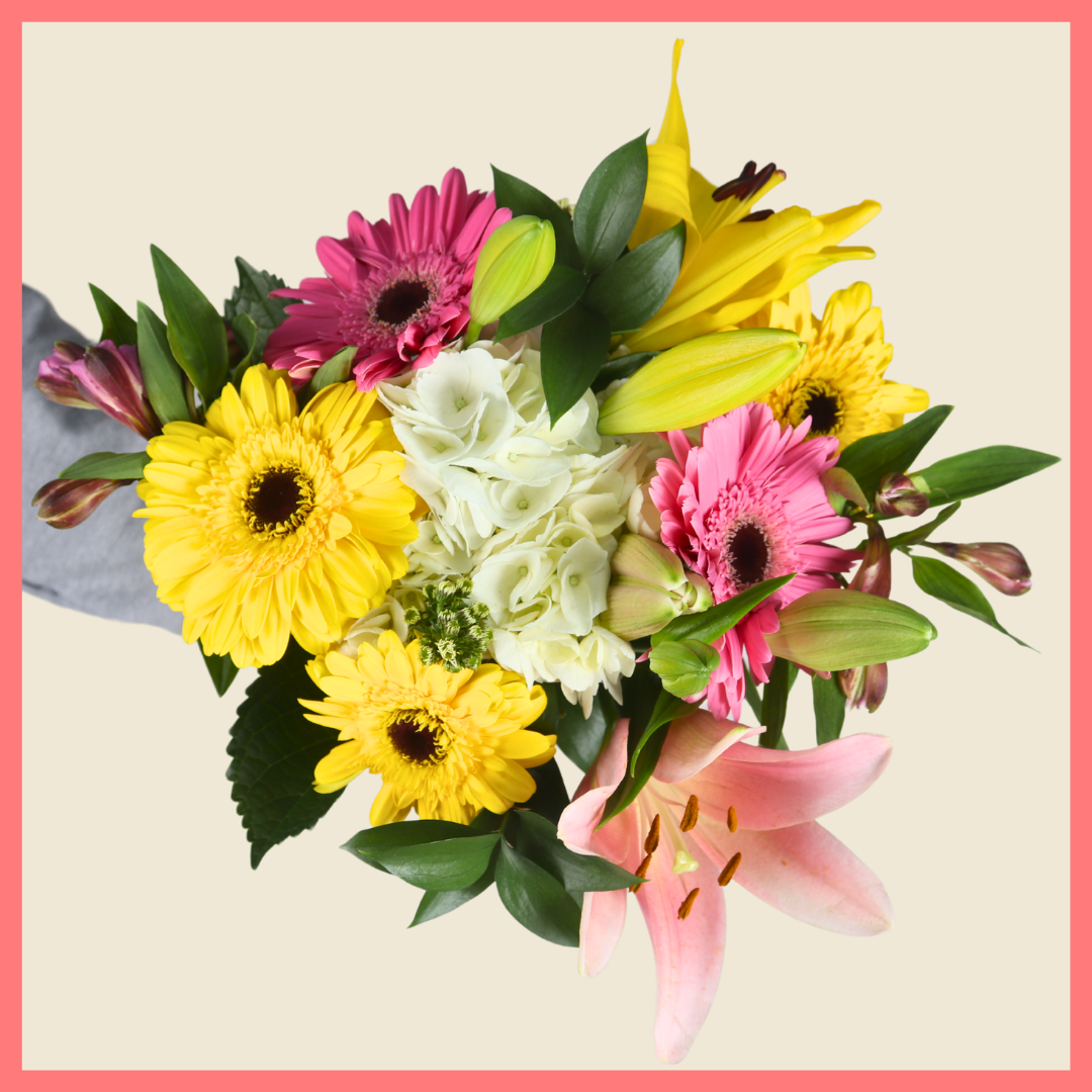 The Eden Garden bouquet includes mixed stems of lilies, hydrangea, gerbera daisies, alstroemeria, aster, and ruscus!Please note that as flowers are a live product, colors, and varieties may slightly vary from the photos shown to provide you with the freshest and most beautiful bouquet.