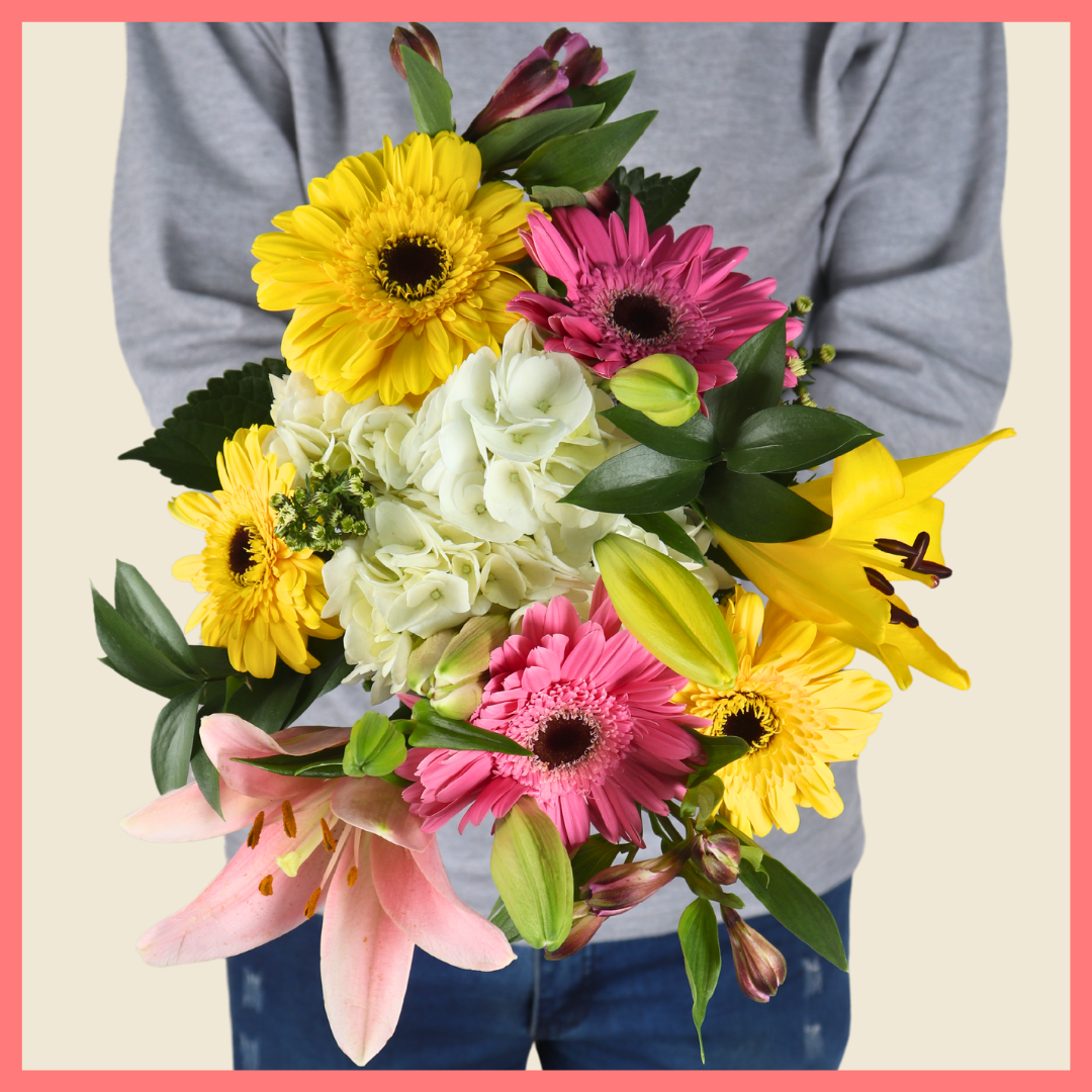 The Eden Garden bouquet includes mixed stems of lilies, hydrangea, gerbera daisies, alstroemeria, aster, and ruscus!Please note that as flowers are a live product, colors, and varieties may slightly vary from the photos shown to provide you with the freshest and most beautiful bouquet.