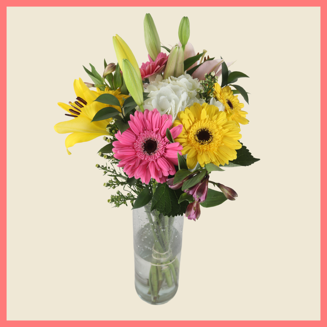 The Eden Garden bouquet includes mixed stems of lilies, hydrangea, gerbera daisies, alstroemeria, aster, and ruscus!Please note that as flowers are a live product, colors, and varieties may slightly vary from the photos shown to provide you with the freshest and most beautiful bouquet.