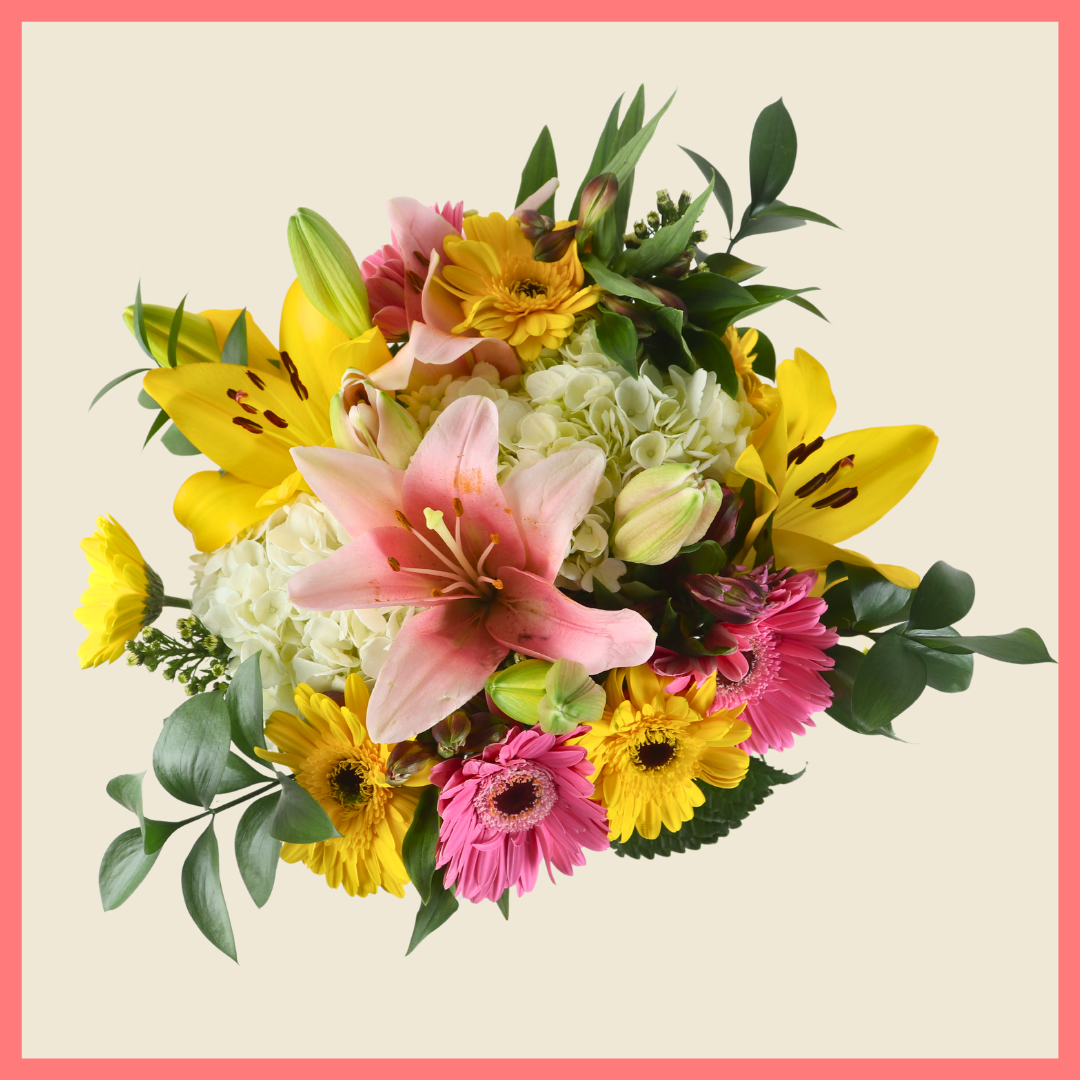 The Eden Garden bouquet includes mixed stems of lilies, hydrangea, gerbera daisies, alstroemeria, aster, and ruscus!Please note that as flowers are a live product, colors, and varieties may slightly vary from the photos shown to provide you with the freshest and most beautiful bouquet.