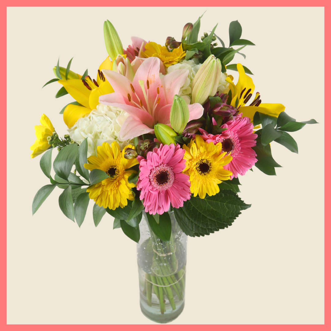 The Eden Garden bouquet includes mixed stems of lilies, hydrangea, gerbera daisies, alstroemeria, aster, and ruscus!Please note that as flowers are a live product, colors, and varieties may slightly vary from the photos shown to provide you with the freshest and most beautiful bouquet.