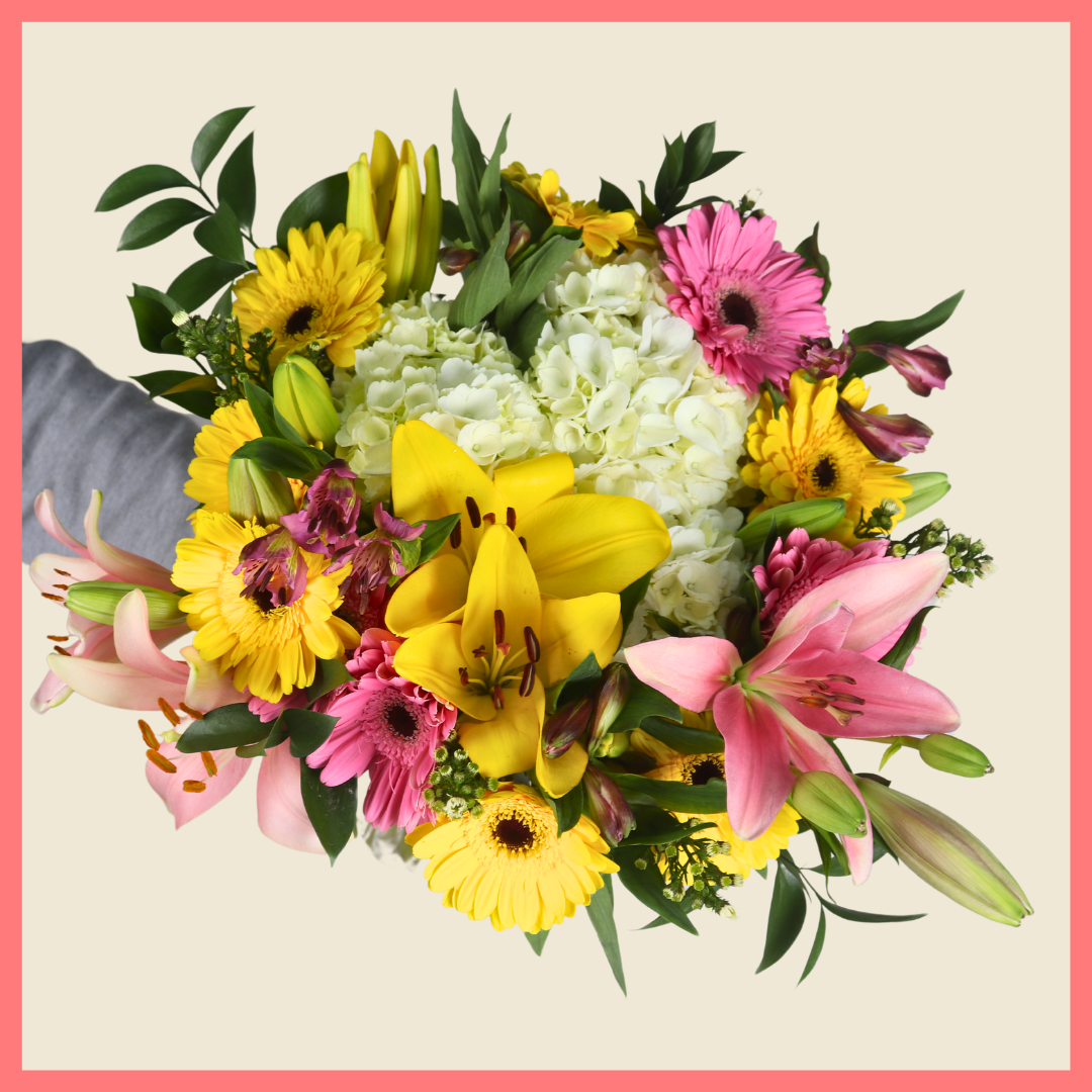 The Eden Garden bouquet includes mixed stems of lilies, hydrangea, gerbera daisies, alstroemeria, aster, and ruscus!Please note that as flowers are a live product, colors, and varieties may slightly vary from the photos shown to provide you with the freshest and most beautiful bouquet.