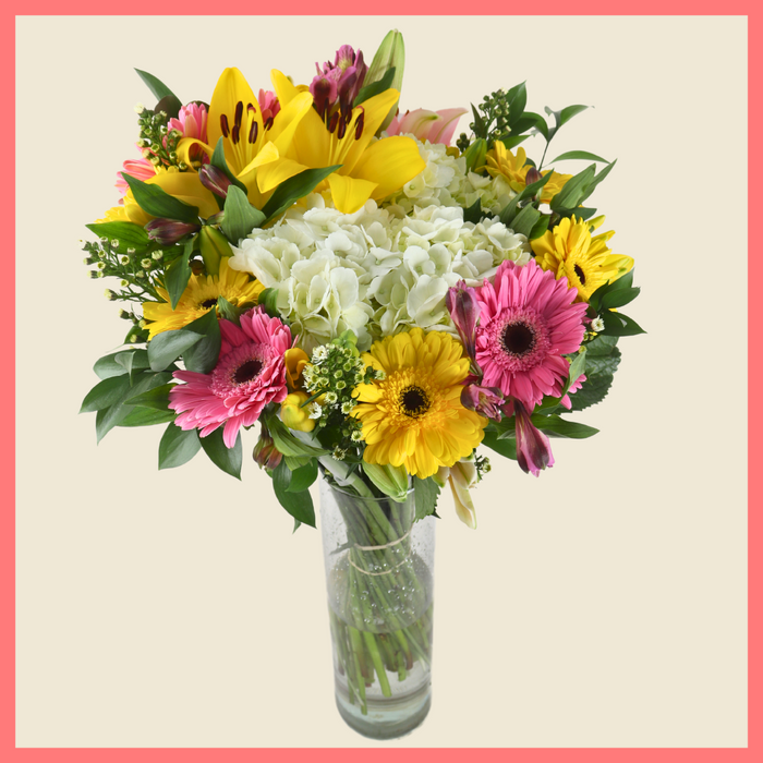 The Eden Garden bouquet includes mixed stems of lilies, hydrangea, gerbera daisies, alstroemeria, aster, and ruscus!Please note that as flowers are a live product, colors, and varieties may slightly vary from the photos shown to provide you with the freshest and most beautiful bouquet.