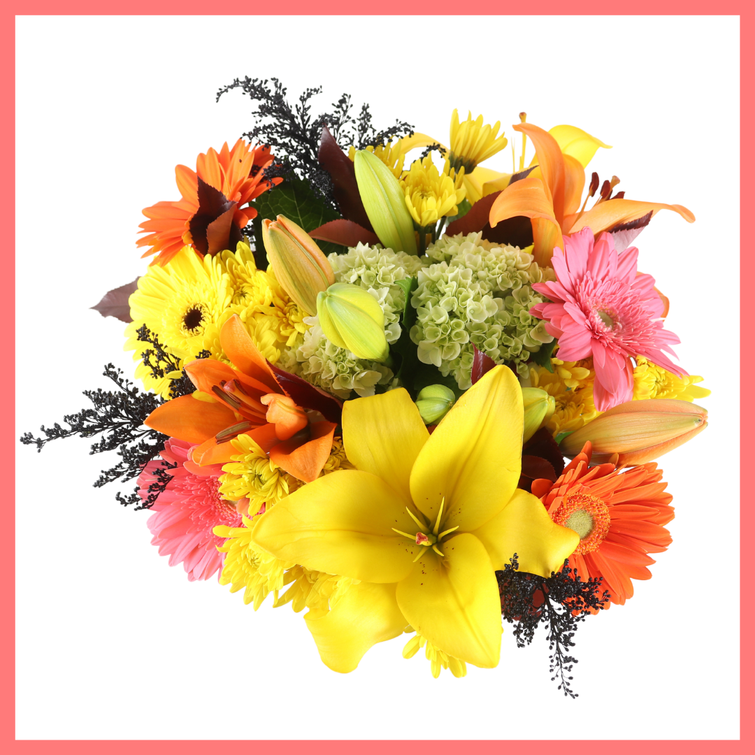 The Fall Festival bouquet includes mixed stems of mini hydrangea, lilies, gerbera daisies, CDN pompoms, aster, and photinia!