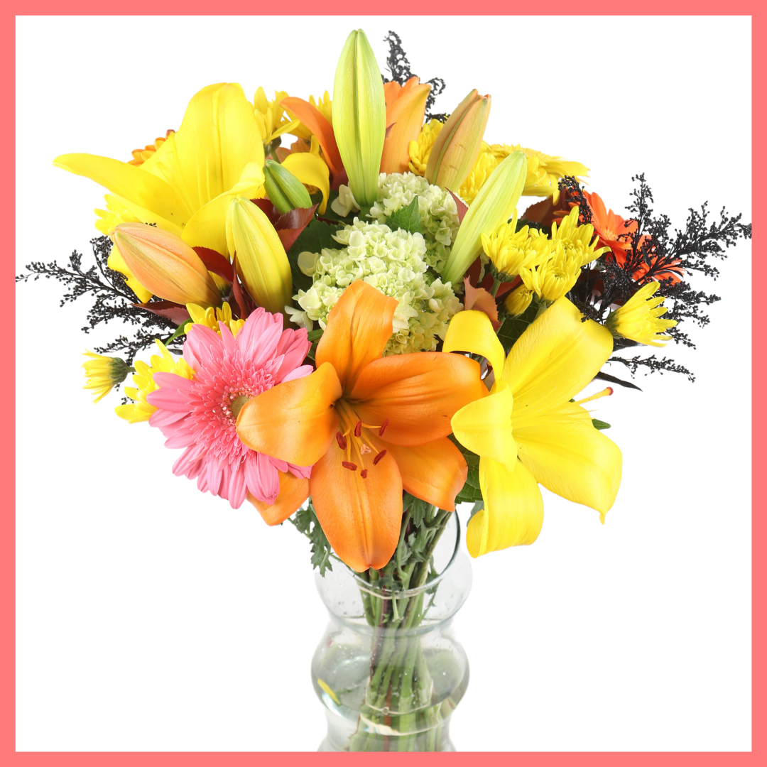 The Fall Festival bouquet includes mixed stems of mini hydrangea, lilies, gerbera daisies, CDN pompoms, aster, and photinia!