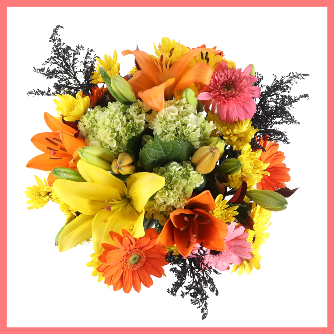 The Fall Festival bouquet includes mixed stems of mini hydrangea, lilies, gerbera daisies, CDN pompoms, aster, and photinia!