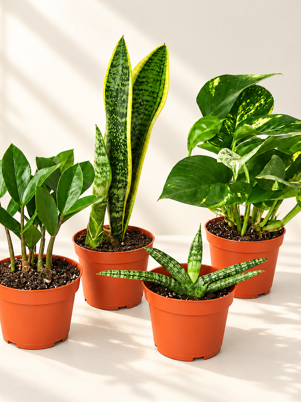 ZZ plant, snake plants and pothos in terracotta nursery pots