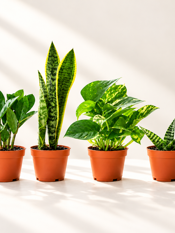 Four houseplants including snake plant and pothos in terracotta nursery pots