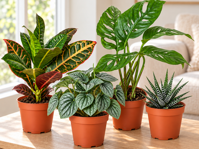 Croton, monstera, peperomia and haworthia in terracotta nursery pots on a wooden console