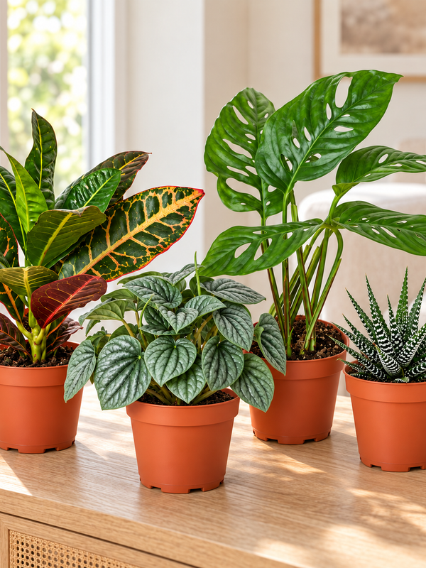 Croton, monstera, peperomia and haworthia in terracotta nursery pots on a wooden console
